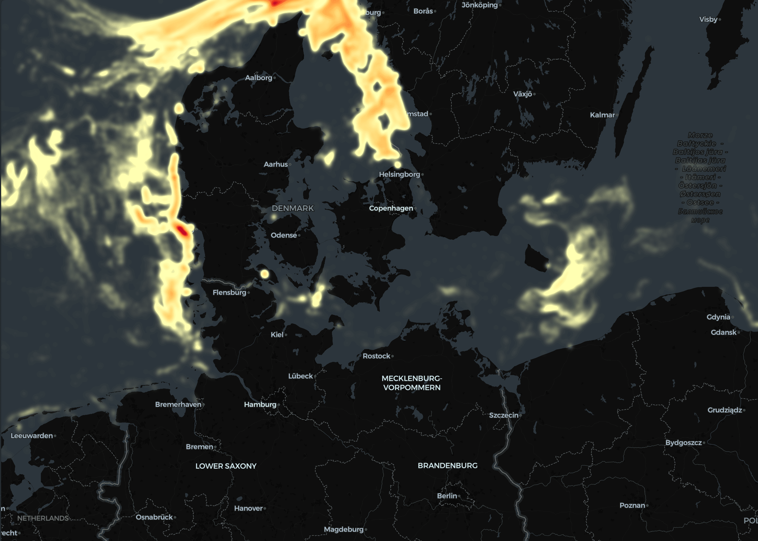 Heatmap of fishing-vessel activity in Danish waters built from AIS ship-tracking data